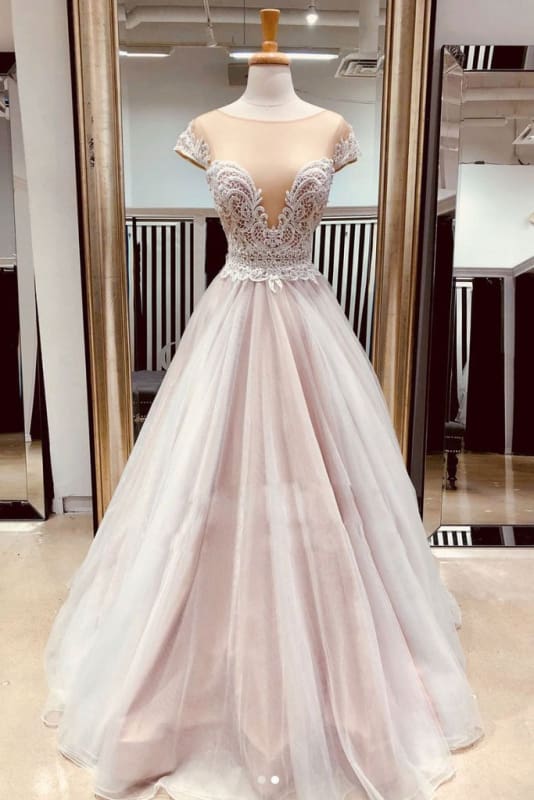 A Line Sheer Neck Cap Sleeves Prom with Lace Appliques Long Senior Dress