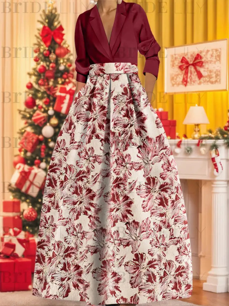 3/4 Sleeve Shirt Collar A-Line Mother of the Bride & Groom Dress with Printed Floral