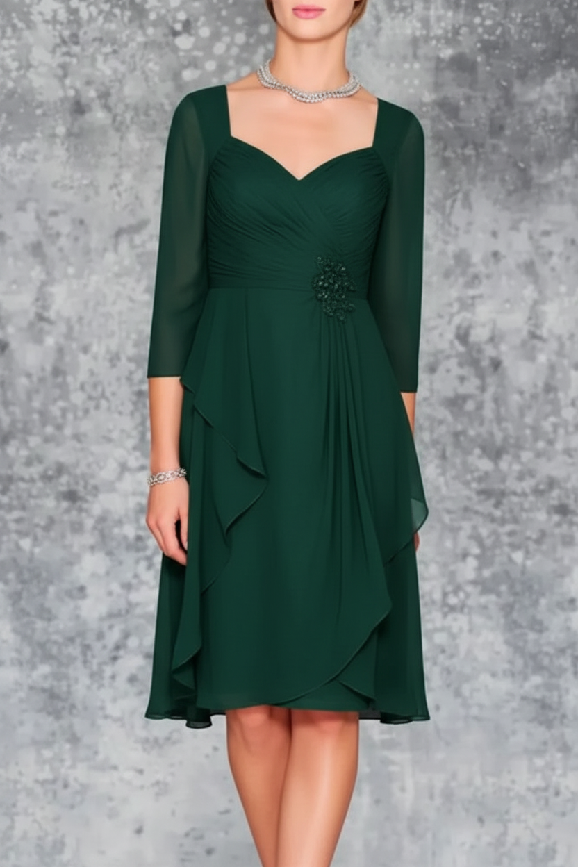 3/4 Sleeves Knee Length Ruffle Chiffon Mother of the Bride Outfits with Lace