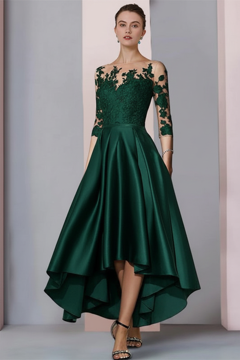 3/4 Sleeves Satin Hi-Lo Mother of-Bride Dress with Appliques