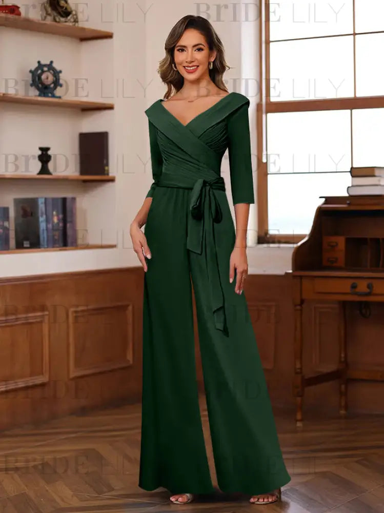 3/4 Sleeves V-Neck Chiffon Mother of the Bride Jumpsuit Pleated Women Wear Outfit