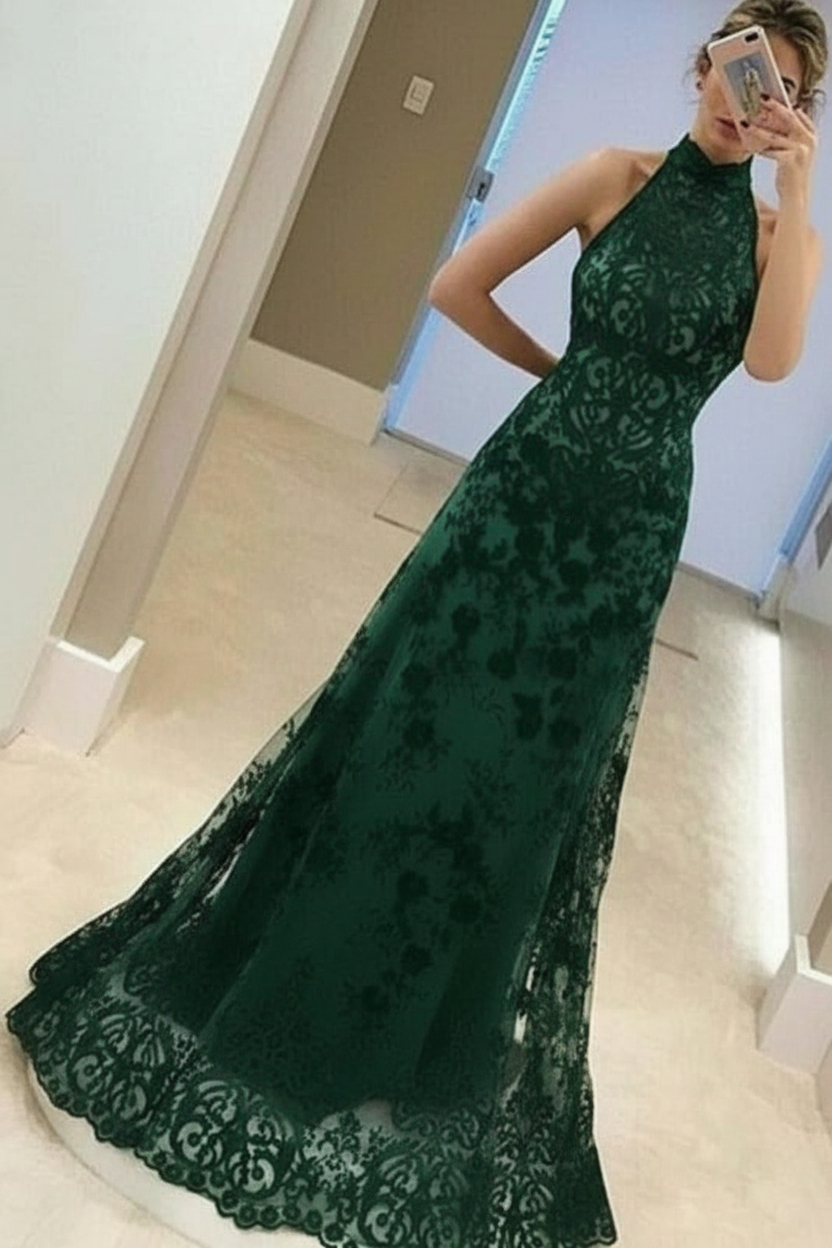 A-Line High Neck Sleeveless Floor-Length Red Lace Prom Dress