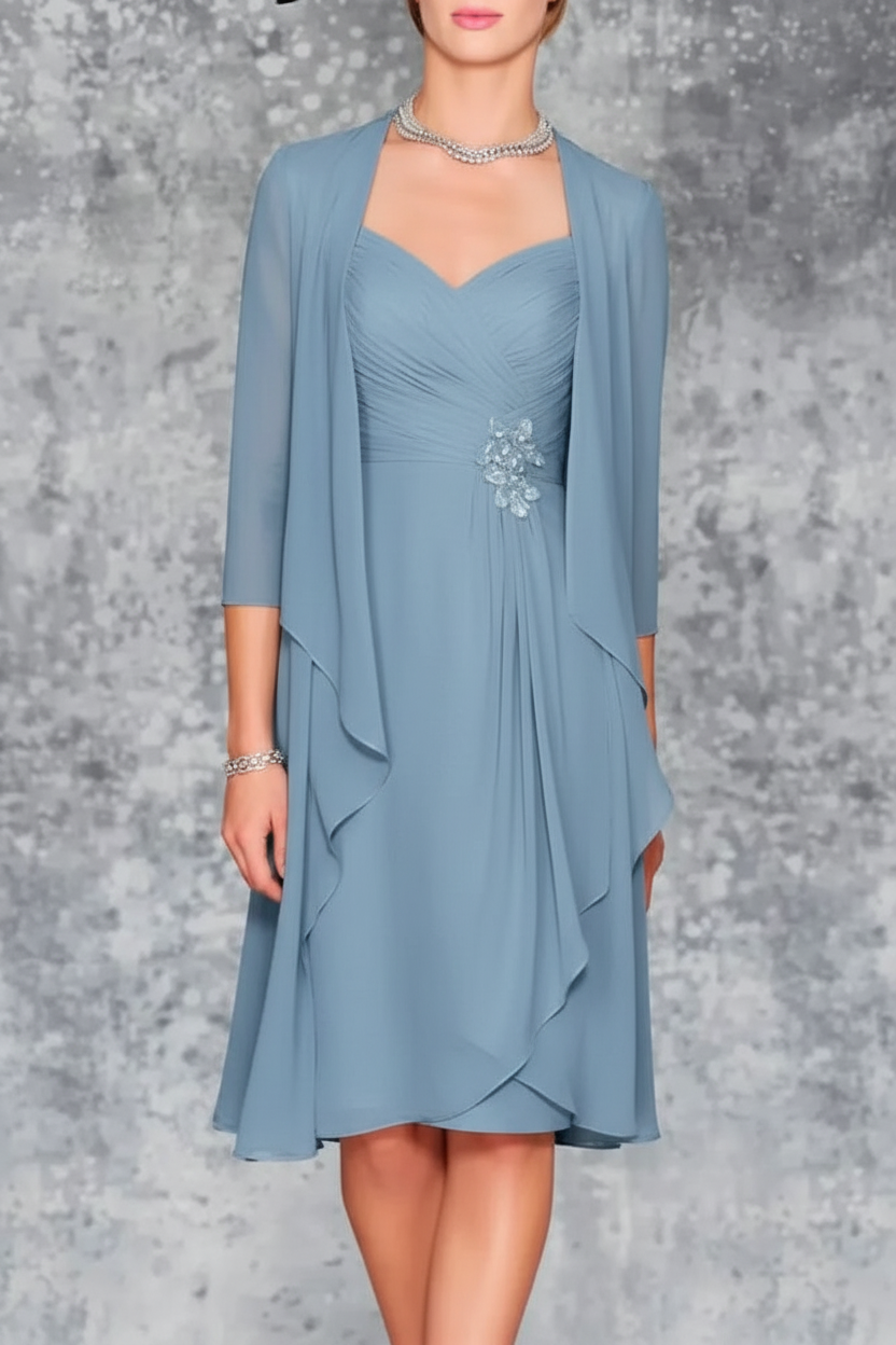 3/4 Sleeves Knee Length Ruffle Chiffon Mother of the Bride Outfits with Lace