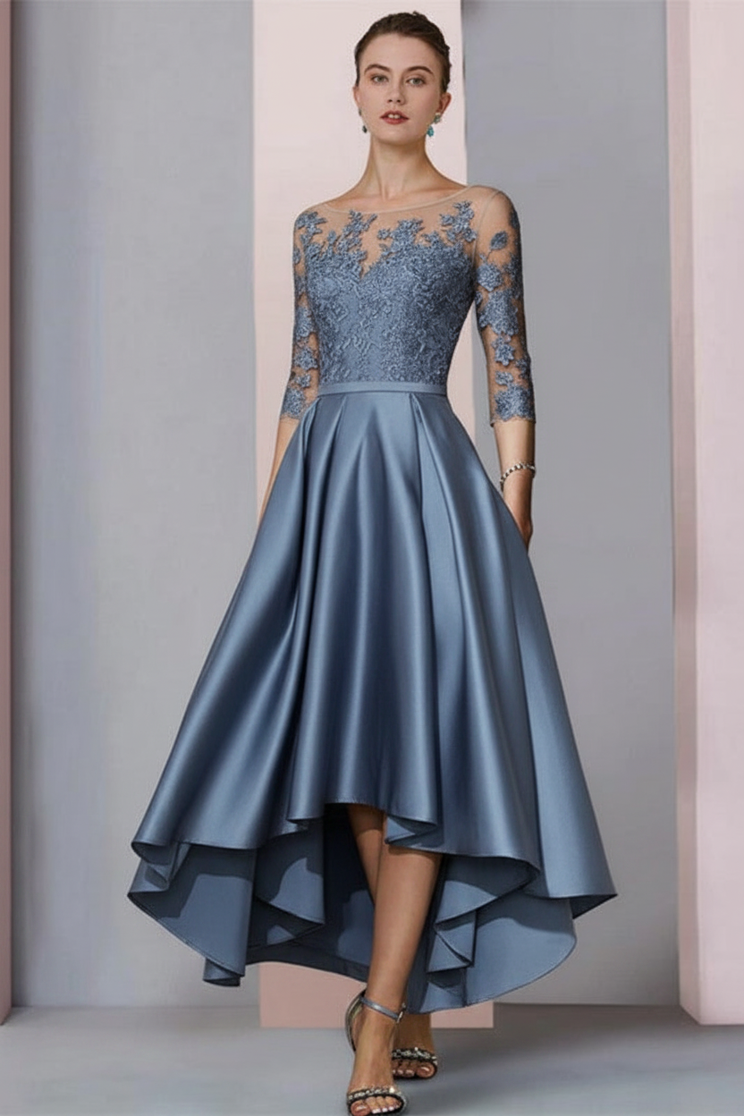 3/4 Sleeves Satin Hi-Lo Mother of-Bride Dress with Appliques
