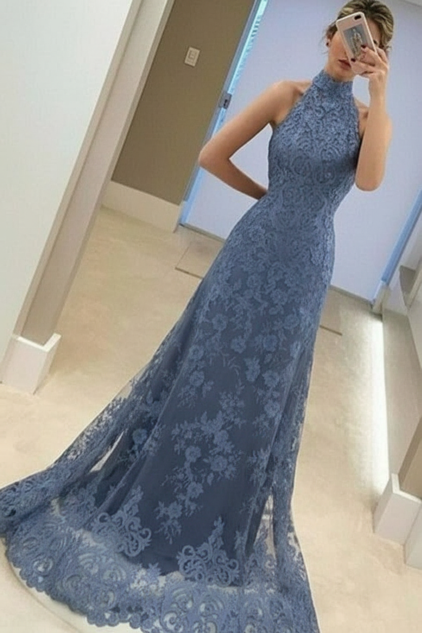 A-Line High Neck Sleeveless Floor-Length Red Lace Prom Dress