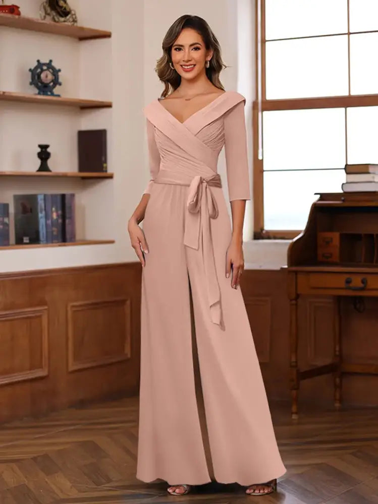 3/4 Sleeves V-Neck Chiffon Mother of the Bride Jumpsuit Pleated Women Wear Outfit