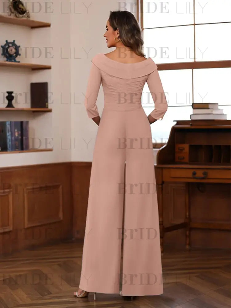 3/4 Sleeves V-Neck Chiffon Mother of the Bride Jumpsuit Pleated Women Wear Outfit