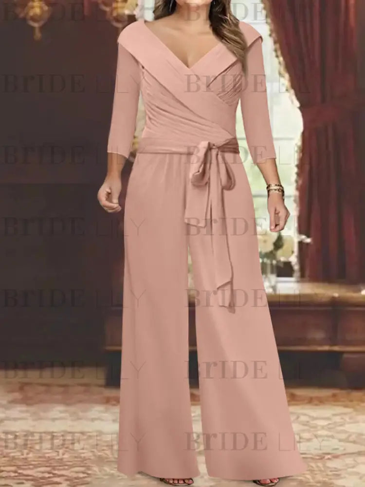 3/4 Sleeves V-Neck Chiffon Mother of the Bride Jumpsuit Pleated Women Wear Outfit