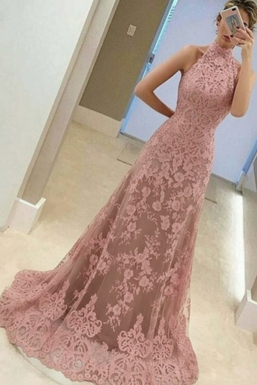 A-Line High Neck Sleeveless Floor-Length Red Lace Prom Dress