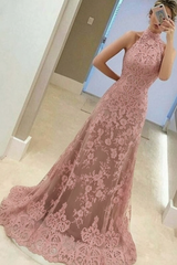 A-Line High Neck Sleeveless Floor-Length Red Lace Prom Dress
