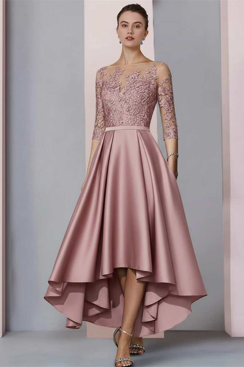3/4 Sleeves Satin Hi-Lo Mother of-Bride Dress with Appliques