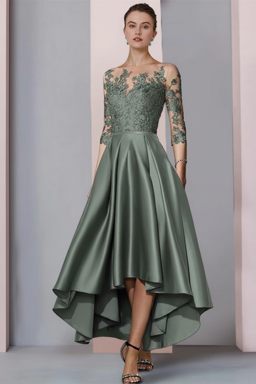 3/4 Sleeves Satin Hi-Lo Mother of-Bride Dress with Appliques