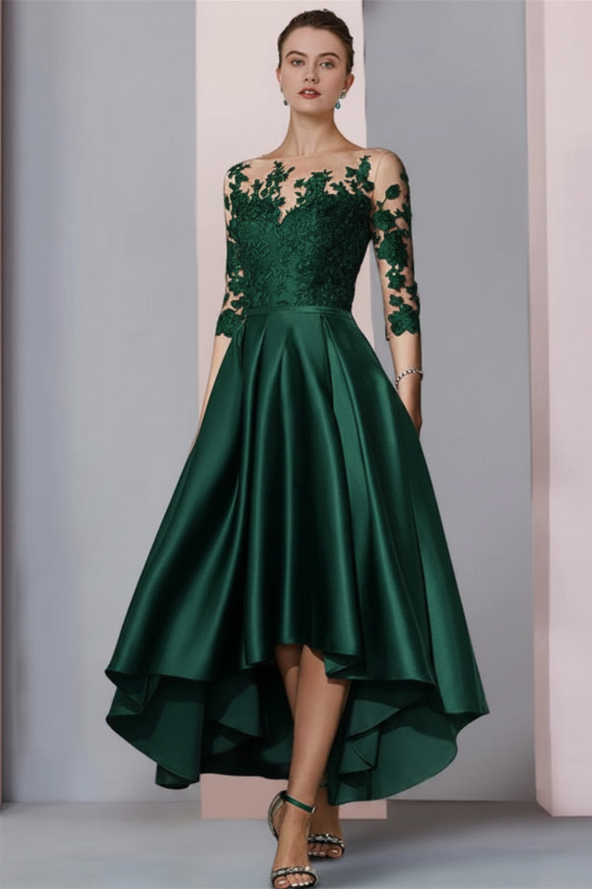 3/4 Sleeves Satin Hi-Lo Mother of-Bride Dress with Appliques