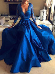 3/4 Length Sleeves Evening Dress Ball Gown V Neck Lace Satin Prom Dresses With Train