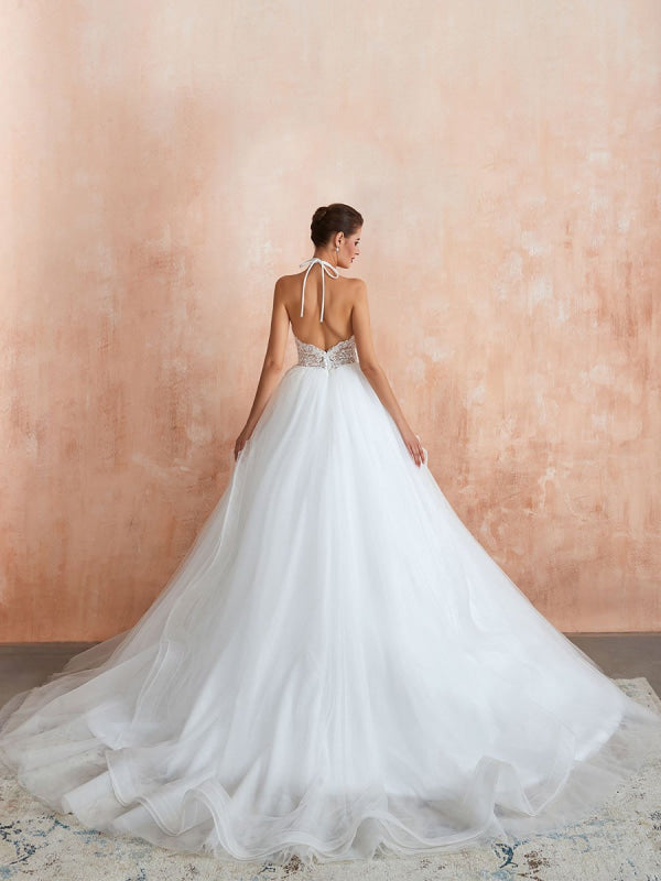 A-Line Halter Sleeveless Lace Tulle Bridal Gown With Train | Bridelily