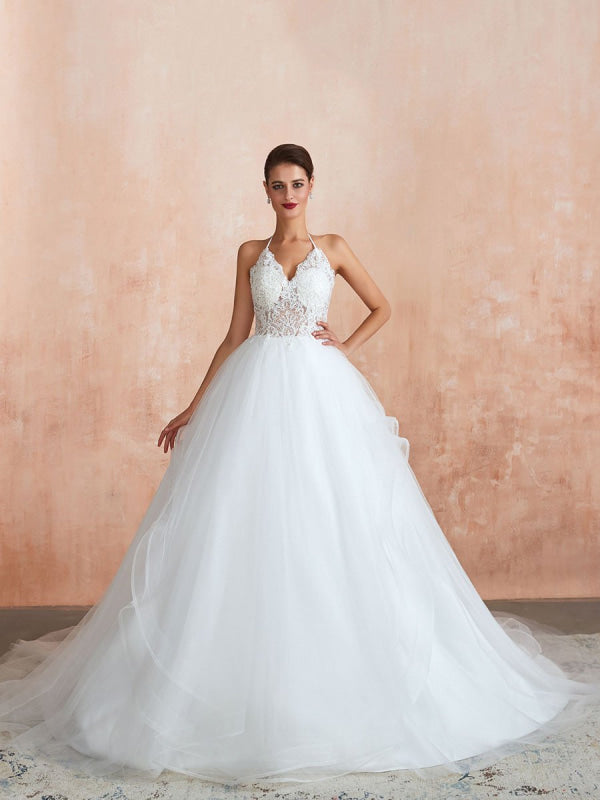 A-Line Halter Sleeveless Lace Tulle Bridal Gown With Train | Bridelily