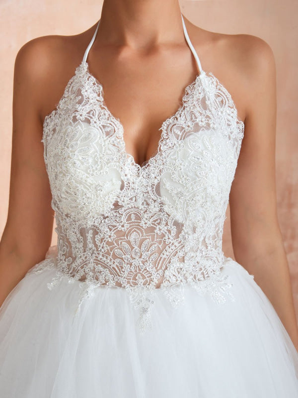A-Line Halter Sleeveless Lace Tulle Bridal Gown With Train | Bridelily