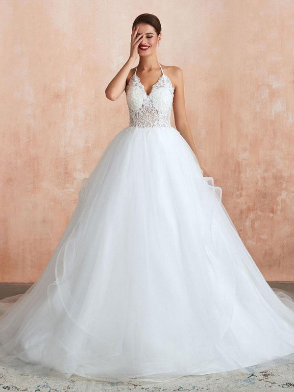 A-Line Halter Sleeveless Lace Tulle Bridal Gown With Train | Bridelily