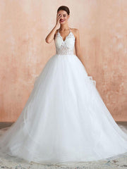 A-Line Halter Sleeveless Lace Tulle Bridal Gown With Train | Bridelily