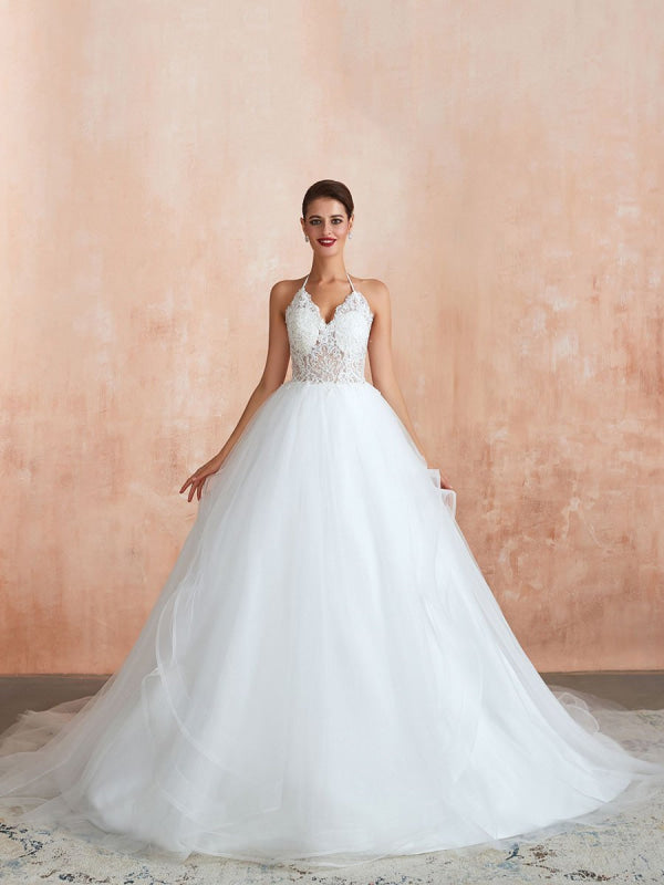 A-Line Halter Sleeveless Lace Tulle Bridal Gown With Train | Bridelily