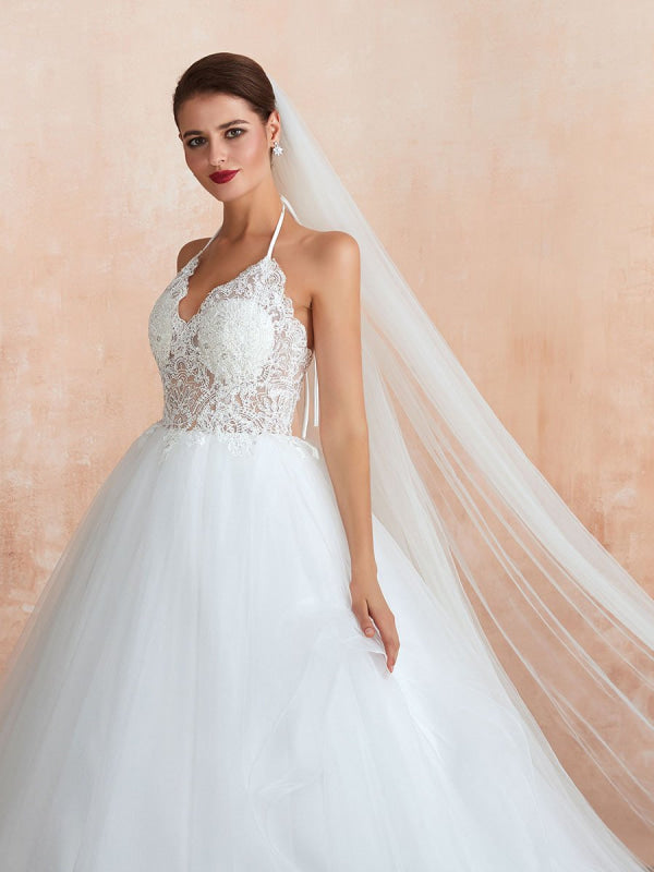 A-Line Halter Sleeveless Lace Tulle Bridal Gown With Train | Bridelily