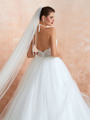 A-Line Halter Sleeveless Lace Tulle Bridal Gown With Train | Bridelily