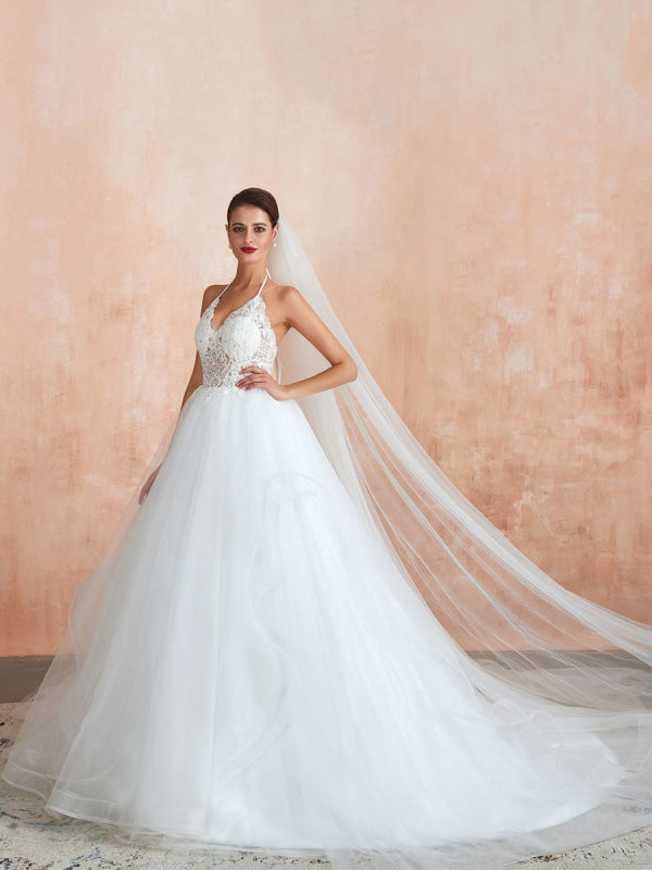 A-Line Halter Sleeveless Lace Tulle Bridal Gown With Train | Bridelily