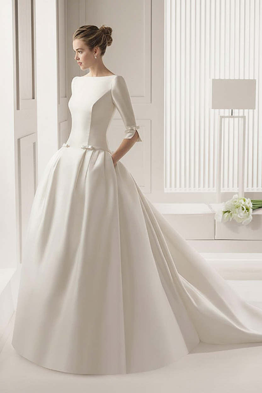 3/4 Length Sleeves Bateau Wedding Dresses A-Line Chapel Train Bows Satin Bridal Dresses White