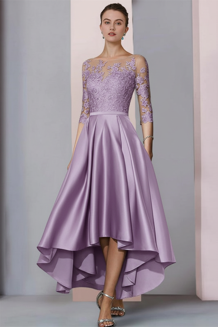 3/4 Sleeves Satin Hi-Lo Mother of-Bride Dress with Appliques