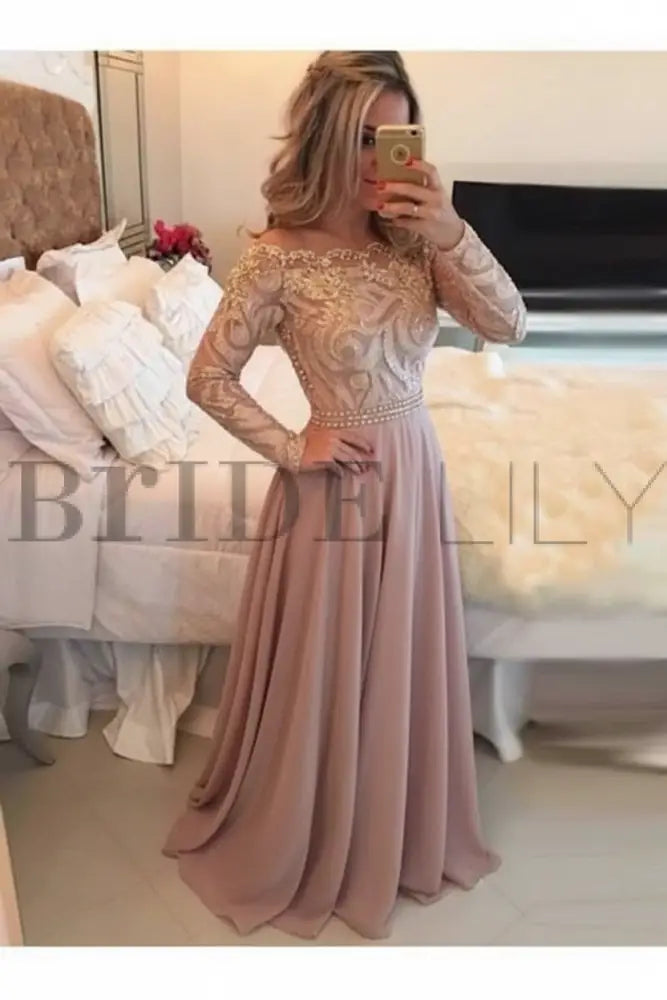 A-Line Sheer Neckline Prom Dresses Floor Length Long Sleeves Evening Dress