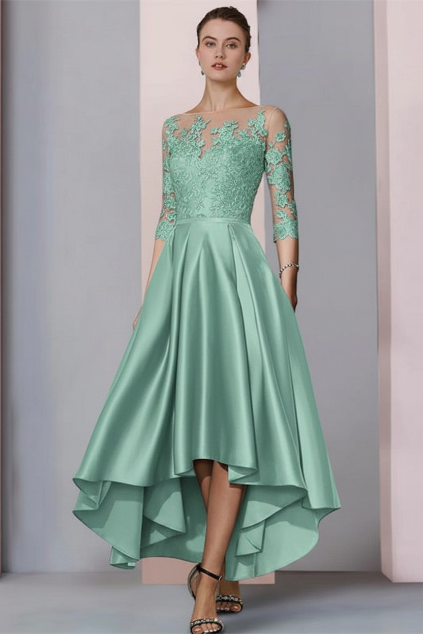 3/4 Sleeves Satin Hi-Lo Mother of-Bride Dress with Appliques