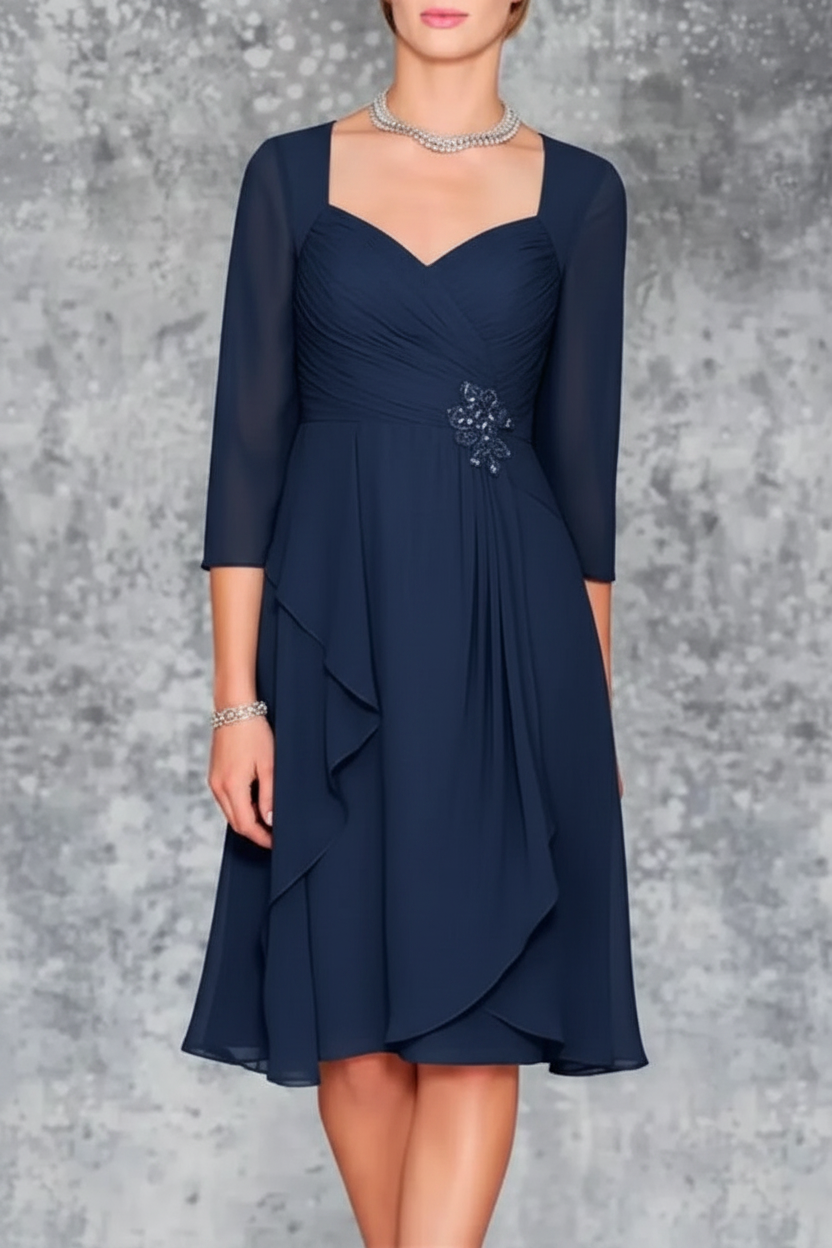 3/4 Sleeves Knee Length Ruffle Chiffon Mother of the Bride Outfits with Lace