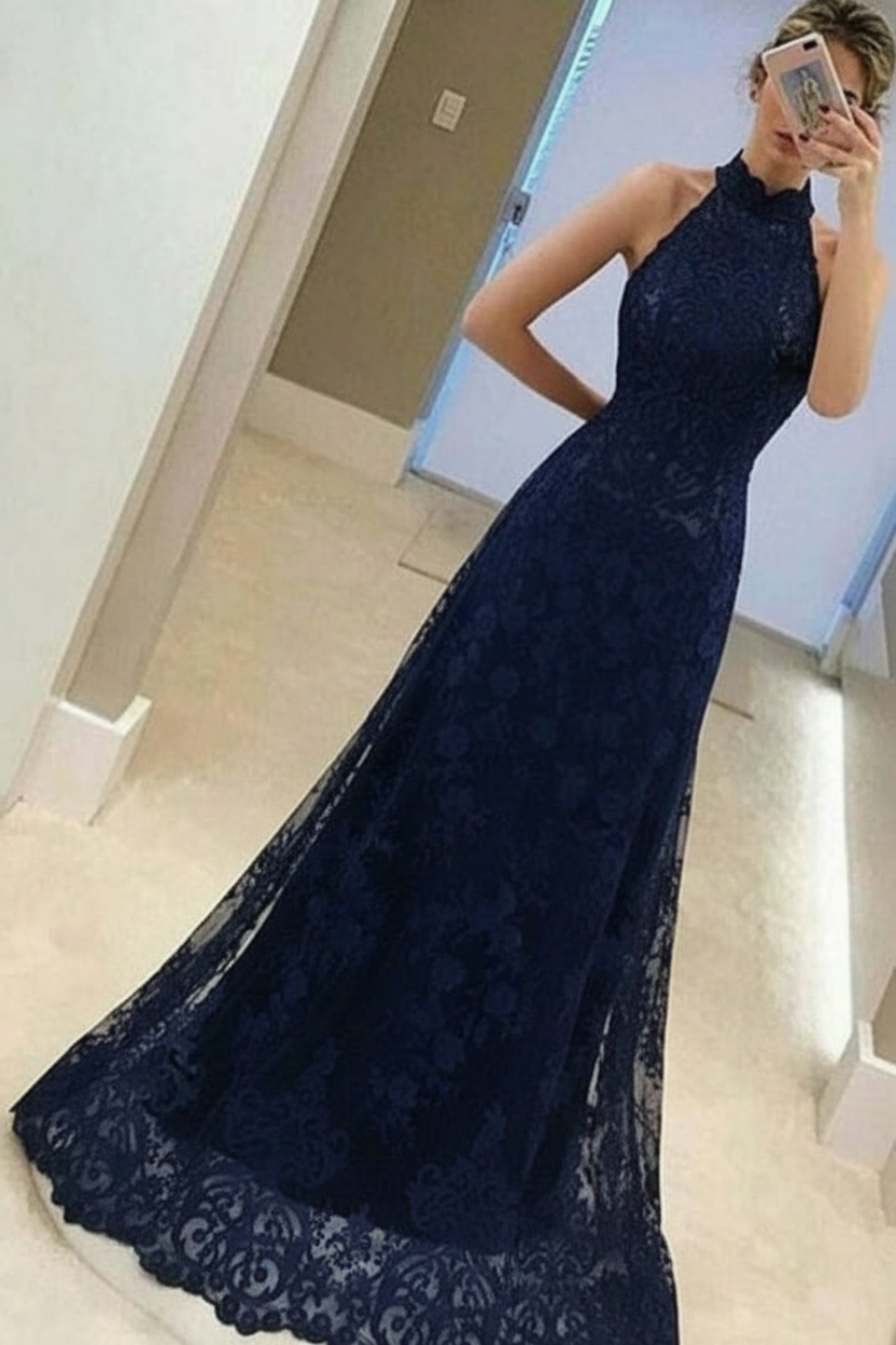 A-Line High Neck Sleeveless Floor-Length Red Lace Prom Dress