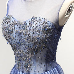 A Line Sheer Neck Prom with Rhinestones Long Tulle Party Dress