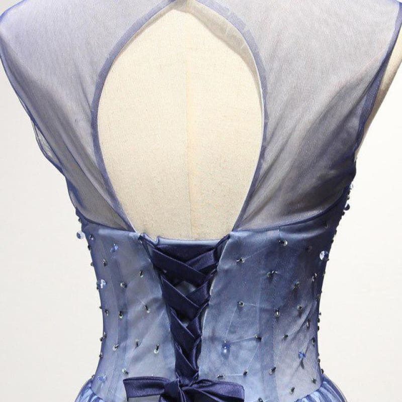 A Line Sheer Neck Prom with Rhinestones Long Tulle Party Dress