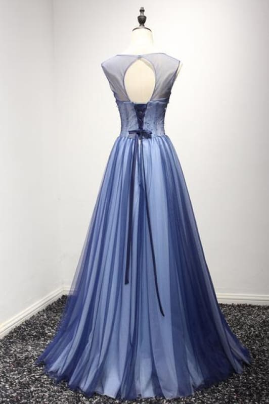 A Line Sheer Neck Prom with Rhinestones Long Tulle Party Dress