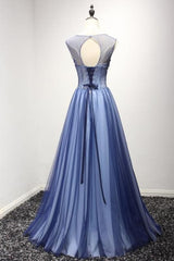 A Line Sheer Neck Prom with Rhinestones Long Tulle Party Dress