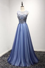 A Line Sheer Neck Prom with Rhinestones Long Tulle Party Dress