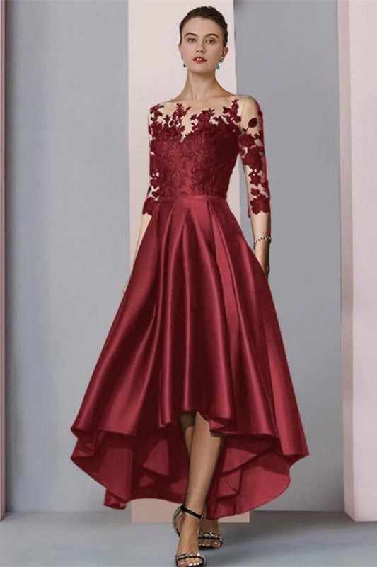 3/4 Sleeves Satin Hi-Lo Mother of-Bride Dress with Appliques