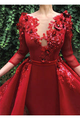 3/4 Sleeves Red Long Prom Dress Puffy Organza Formal Dresses with Flowers