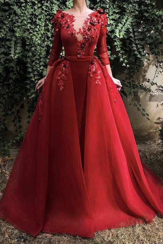 3/4 Sleeves Red Long Prom Dress Puffy Organza Formal Dresses with Flowers