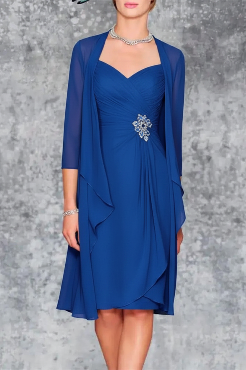 3/4 Sleeves Knee Length Ruffle Chiffon Mother of the Bride Outfits with Lace
