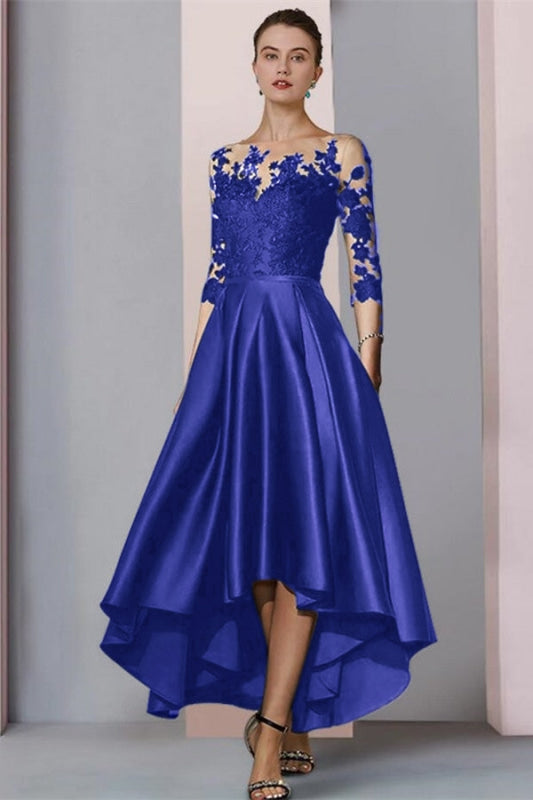 3/4 Sleeves Satin Hi-Lo Mother of-Bride Dress with Appliques
