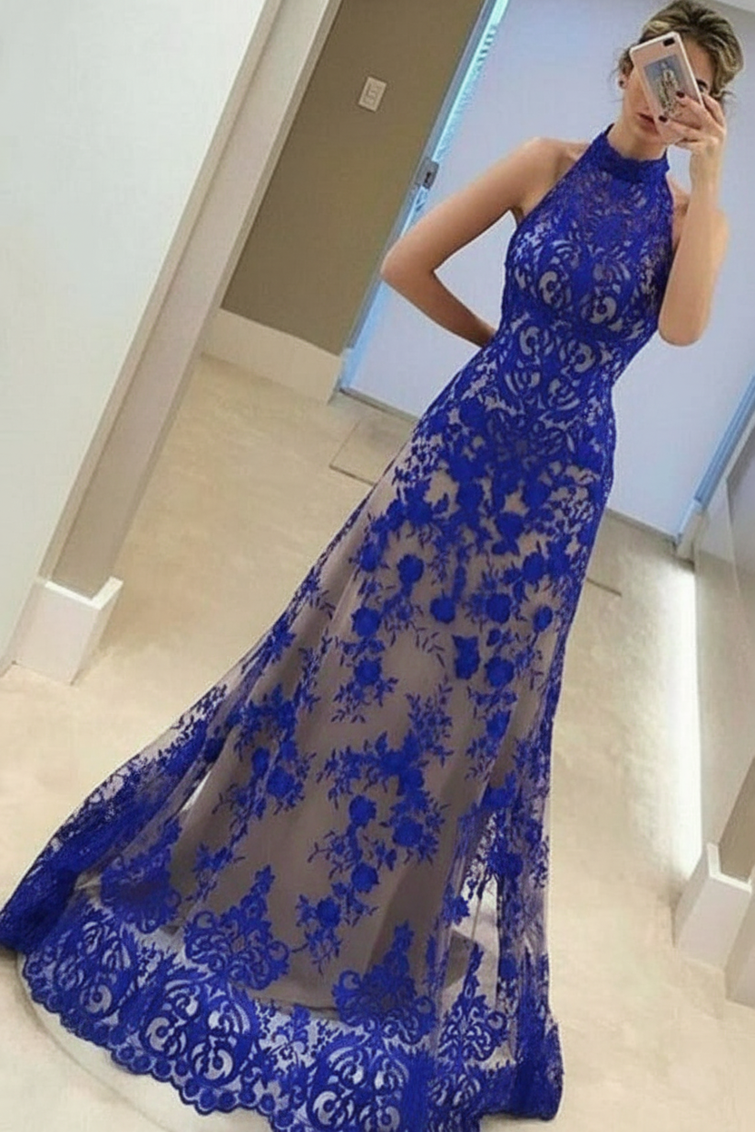 A-Line High Neck Sleeveless Floor-Length Red Lace Prom Dress