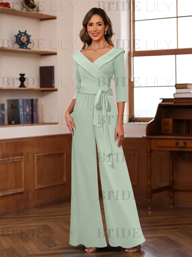 3/4 Sleeves V-Neck Chiffon Mother of the Bride Jumpsuit Pleated Women Wear Outfit