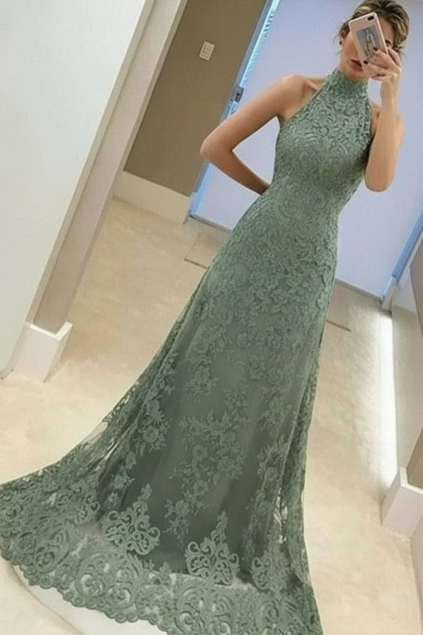 A-Line High Neck Sleeveless Floor-Length Red Lace Prom Dress