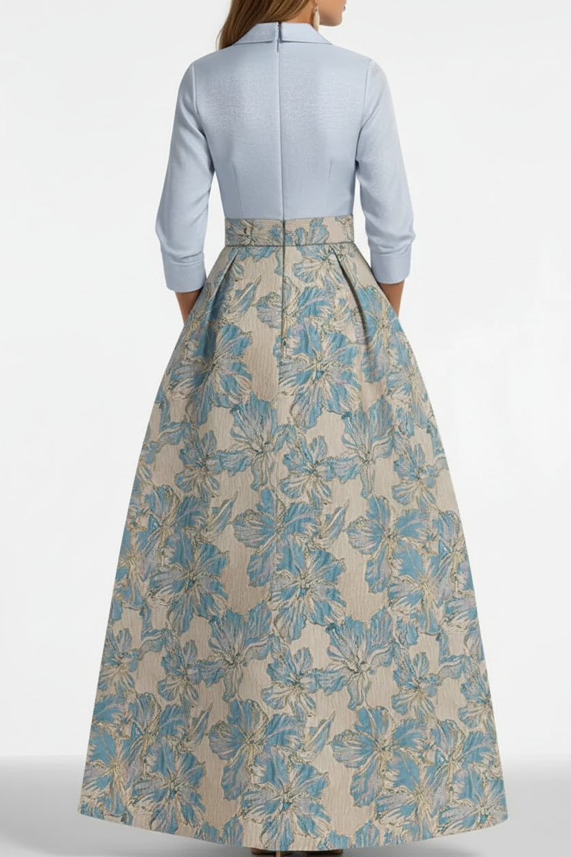 3/4 Sleeve Shirt Collar A-Line Mother of the Bride & Groom Dress with Printed Floral
