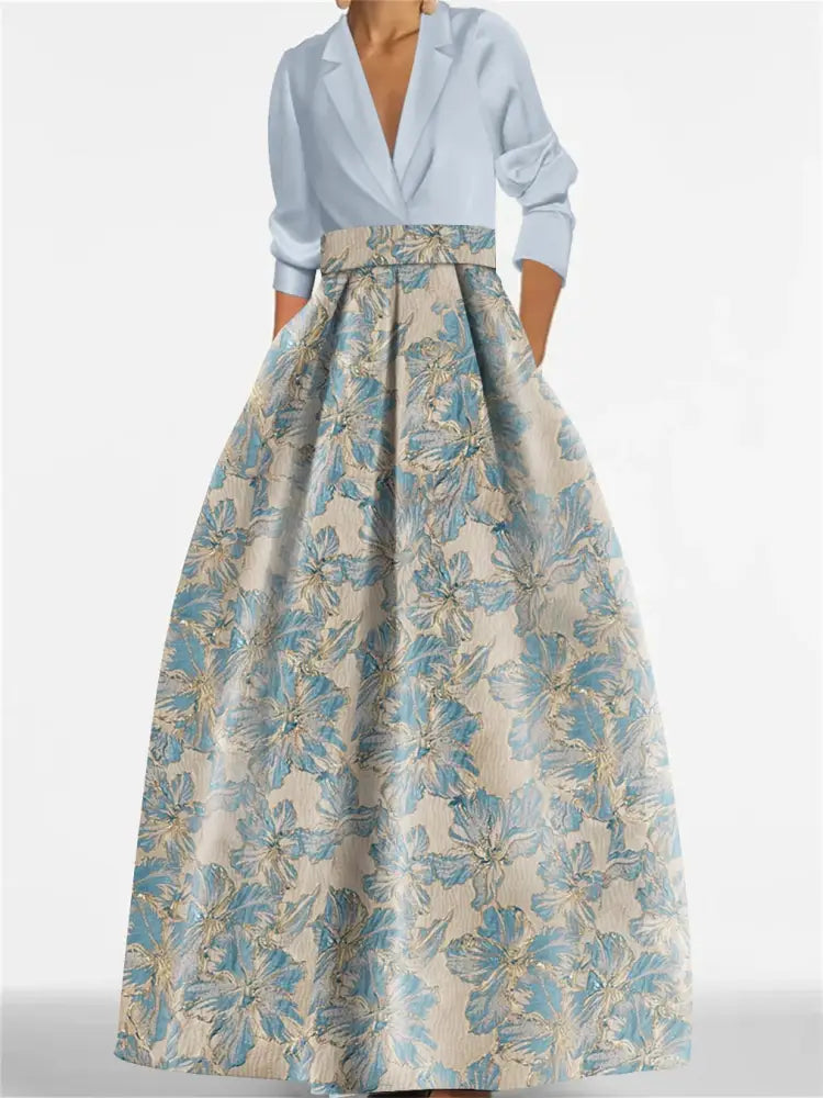 3/4 Sleeve Shirt Collar A-Line Mother of the Bride & Groom Dress with Printed Floral