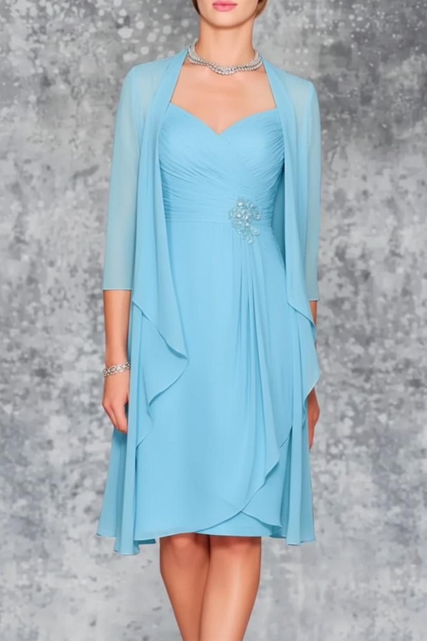 3/4 Sleeves Knee Length Ruffle Chiffon Mother of the Bride Outfits with Lace