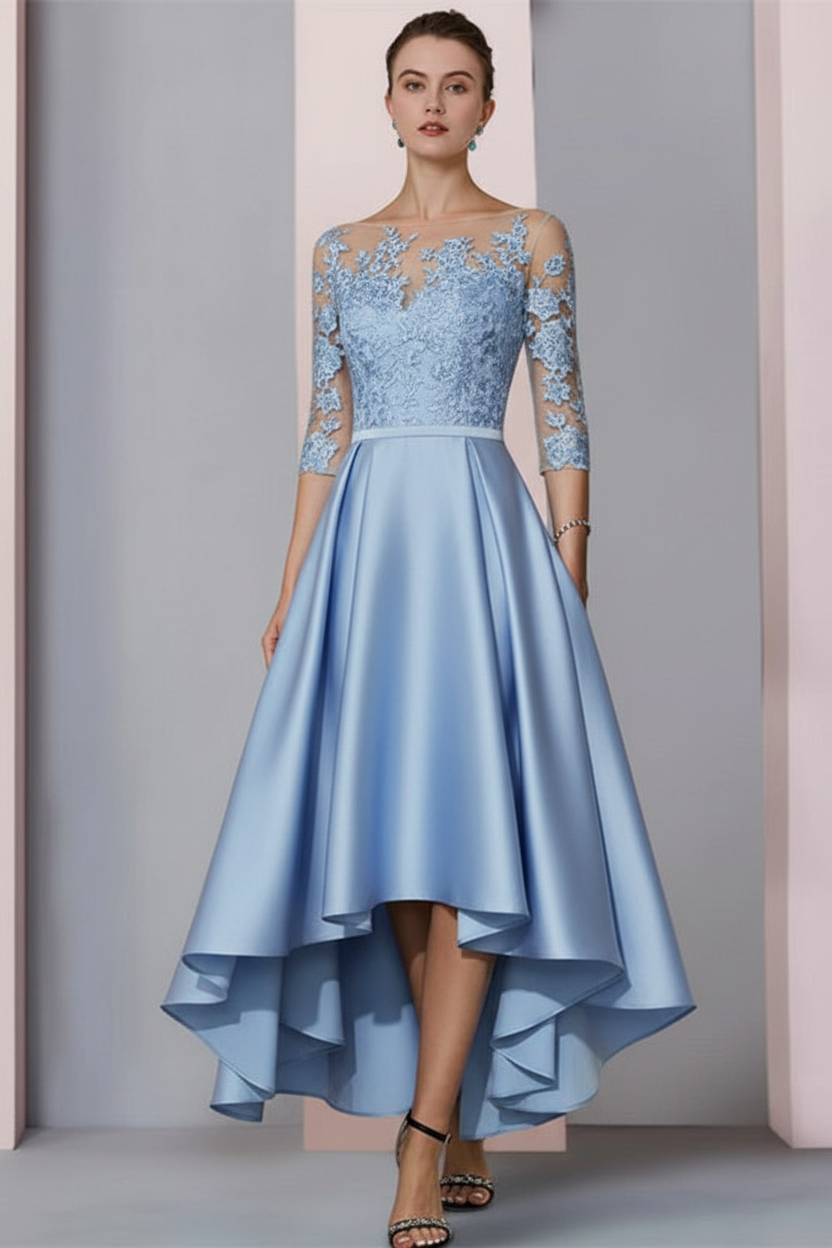 3/4 Sleeves Satin Hi-Lo Mother of-Bride Dress with Appliques